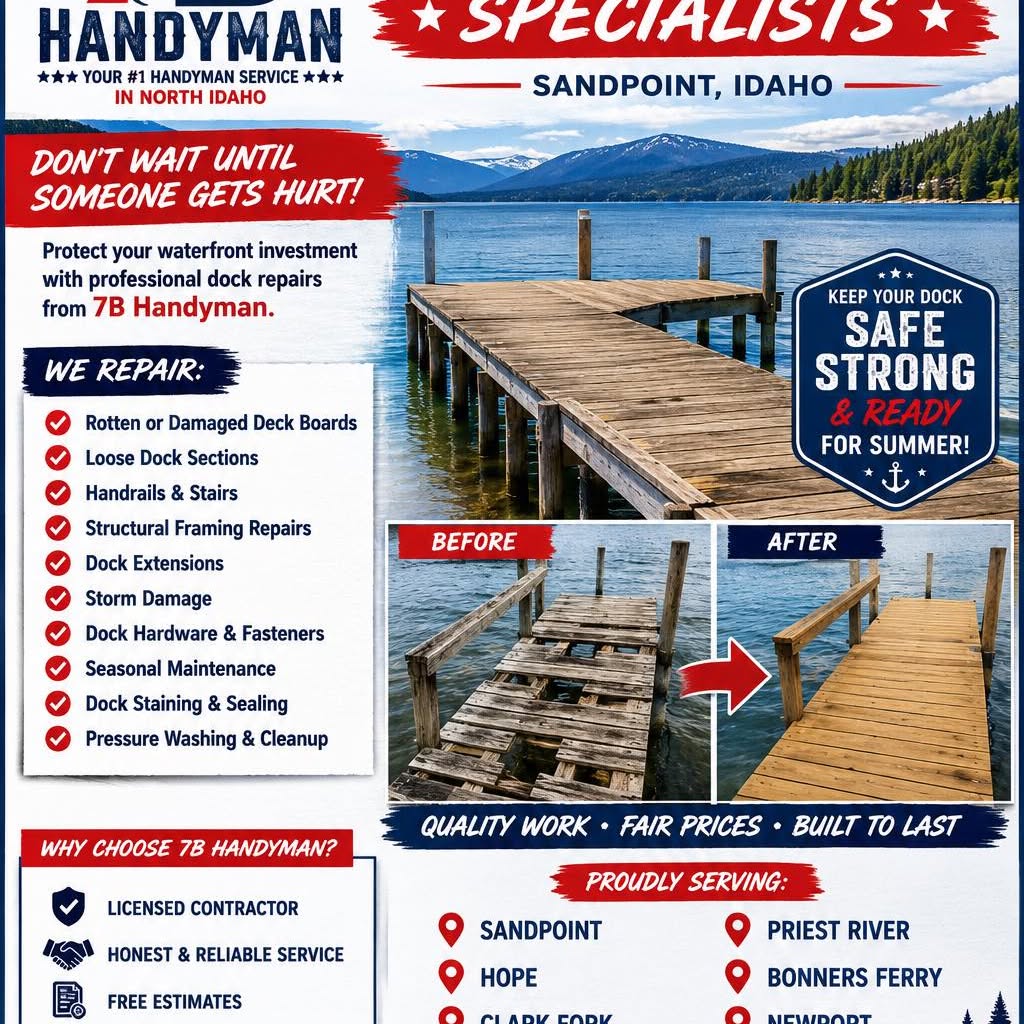 7B Handyman dock repair advertisement listing the dock repairs offered —
rotten or damaged deck boards, loose sections, handrails and stairs, structural framing,
dock extensions, storm damage, hardware, staining and sealing