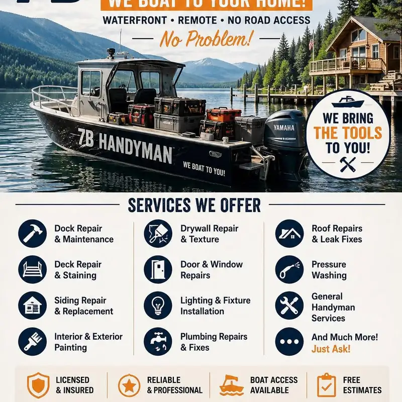 7B Handyman advertisement for boat-access service to waterfront properties near
Dover, listing dock repair, deck staining, siding, painting and pressure washing